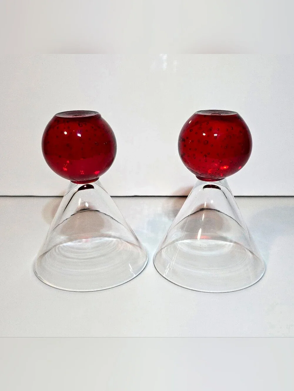 MCM Red Controlled Bubble Base Martini Glass Set of 2 Vintage Art Deco Drinkware
